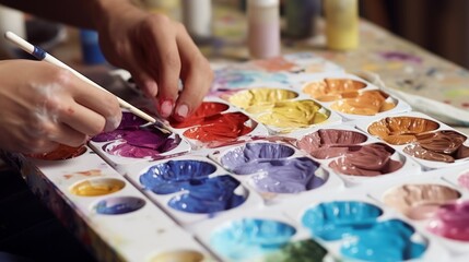 Vibrant Artistry: Masterful Hands Blend Custom Paint Colors on Palette in Inspiring Art Studio