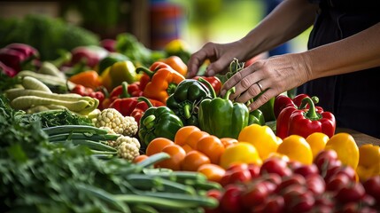 Harvesting Nature's Bounty: Vibrant Hands Artfully Arrange Organic Produce at a Bustling Farmer's Market
