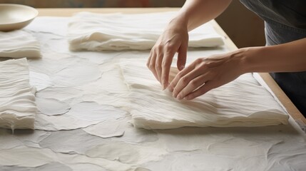 Artistic Mastery Unveiled: Skilled Hands Tenderly Layering Handmade Paper, Capturing the Beauty of Craftsmanship