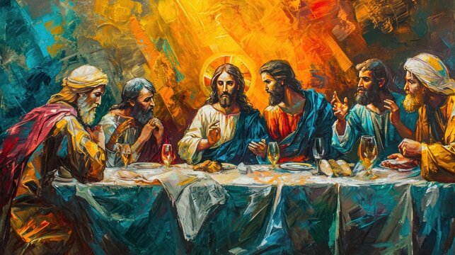 Vibrant depiction of a biblical scene with Jesus and the apostles at the Last Supper, focused on expressions of fellowship and divine connection.