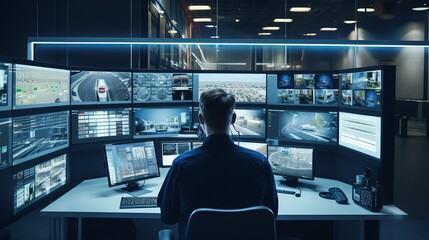 Vigilant Guardian: Captivating Surveillance Footage in a High-Tech Control Room - obrazy, fototapety, plakaty
