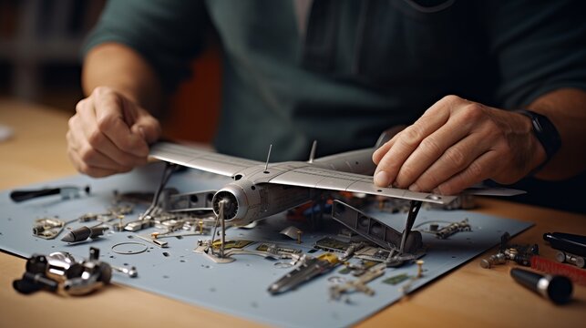 Masterful Precision: Expertly Crafting Dreams with Meticulous Hands - Stock Image of Model Airplane Assembly