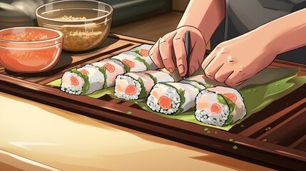 Masterful Culinary Artistry: Expert Hands Crafting Exquisite Sushi Rolls in a Professional Kitchen