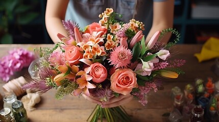Blooming Artistry: Skilled Florist's Hands Weave a Kaleidoscope of Vibrant Blooms into a Mesmerizing Bouquet