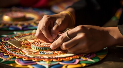 Transcendent Artistry: Mesmerizing Hands Sculpting an Exquisite Sand Mandala - A Captivating Symbol of Harmony and Serenity