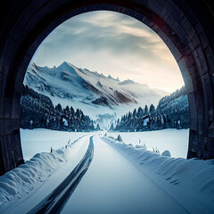 トンネルから見た雪山