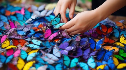 Fototapeta na wymiar Vibrant Wings: A Kaleidoscope of Colorful Butterflies Gracefully Sorted by Skilled Hands