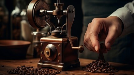 Fototapeta na wymiar Timeless Ritual: Hands of a Coffee Connoisseur Embrace the Vintage Charm of a Manual Coffee Grinder