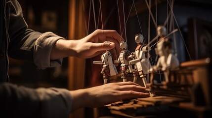 Masterful Manipulation: Captivating Hands of a Puppeteer Bring Marionette to Life in Enchanting Theater Performance