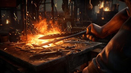 Forging Destiny: Masterful Blacksmith Crafts Fiery Dreams with Skillful Hands, Igniting Sparks of Passion and Perseverance - obrazy, fototapety, plakaty