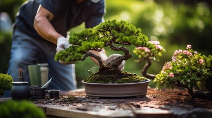 Zen in Motion: Masterful Gardener Nurtures Serenity with Pruned Bonsai Tree in Tranquil Garden