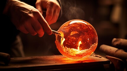 Masterful Artistry: Captivating Glassmaker's Hands Shape Molten Glass with Precision and Passion - obrazy, fototapety, plakaty