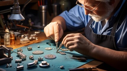 Artisan's Touch: Exquisite Custom Jewelry Creation with Precious Gems and Metals - A Masterpiece in the Making - obrazy, fototapety, plakaty
