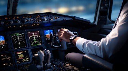 Commanding the Skies: Captivating Pilot's Hands on the Controls of a Commercial Airliner - Empowering Aviation Excellence and Precision - obrazy, fototapety, plakaty