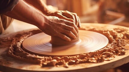 Masterful Creation: Captivating Pottery Hands Sculpting Clay on Spinning Wheel in Serene Studio Ambiance