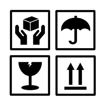 set of fragile package icons on transparent background. delivery shipping icon label, package icon, cargo warning icon, logistic icon, black icon. this way up, upwork, keep dry, handle with care icon