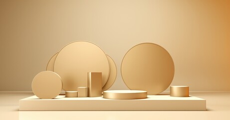 Minimalist geometric shapes on a gold beige background, suitable for abstract art and modern design concepts.