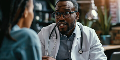 Portrait of African American man doctor talking to patient at the hospital