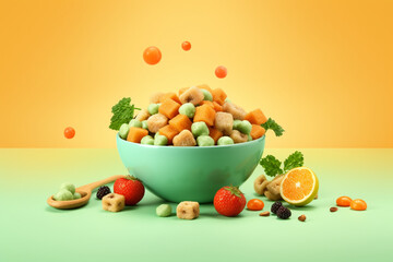 Bowl with healthy baby food on color background