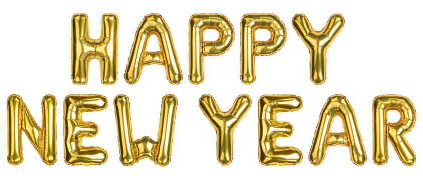 Happy New Year. Happy New Year balloons. New Year celebration. Helium balloon. Golden Yellow foil color. Good for party, greeting card, store advertising, anniversary. Isolated background