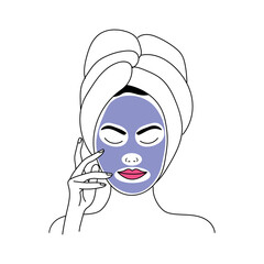 Young woman with cosmetic mask on her face against white background