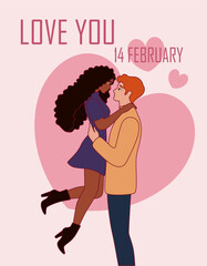 Greeting card for Valentine's Day with loving couple on light pink background