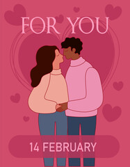 Greeting card for Valentine's Day with loving couple on pink background