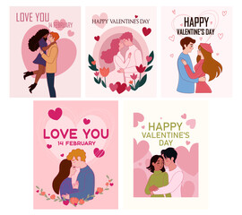 Set of greeting cards for Valentine's Day with loving couples on white background