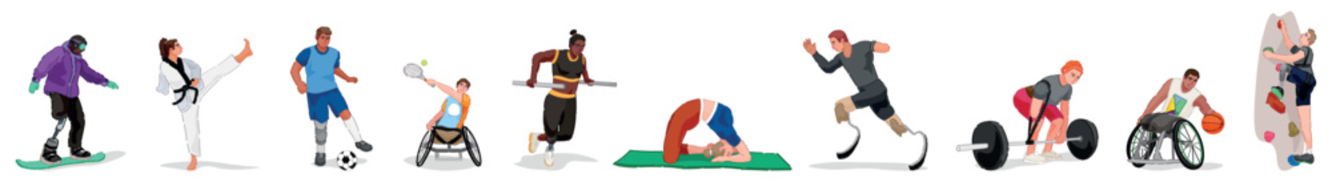 Set of sports people with physical disability on white background