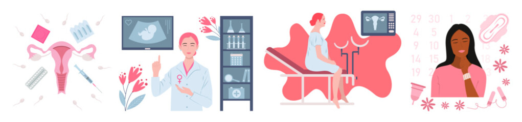 Set of women, gynecologist, contraceptive methods, items of feminine hygiene on white background