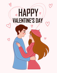 Greeting card for Valentine's Day with loving couple on light background