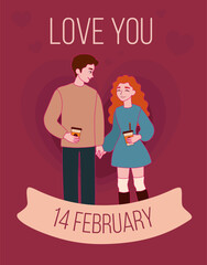 Greeting card for Valentine's Day with loving couple on pink background