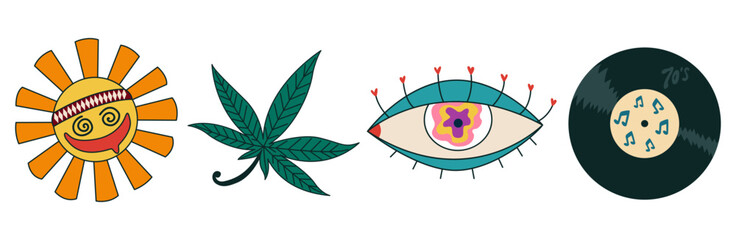 Collection of hippie symbols on white background