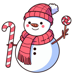 Snowman wear winter hat and scarf smile hold candy cane isolate on  white background vector illustration 