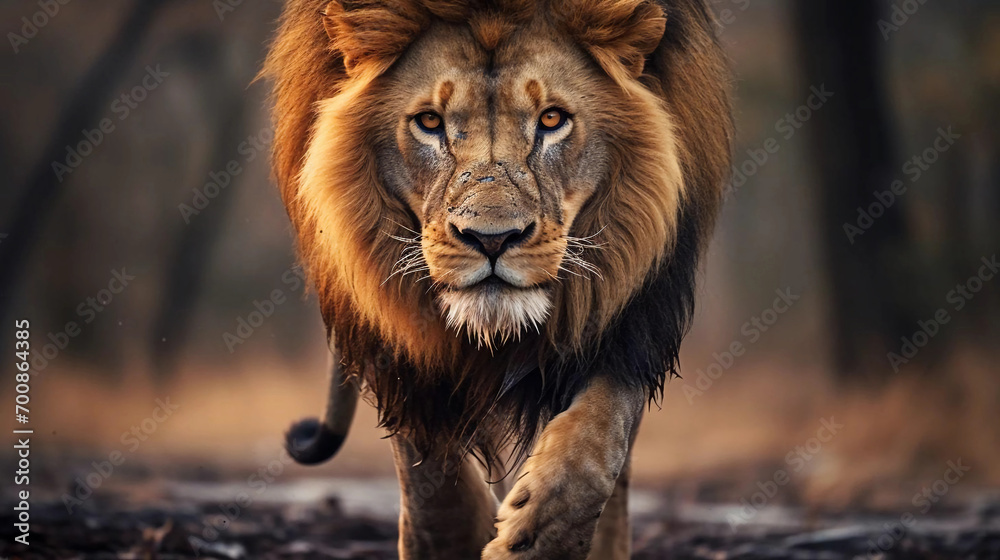 Wall mural male lion walking looking straight at the camera, national wildlife day