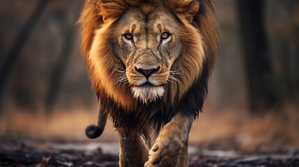 Male lion walking looking straight at the camera, national wildlife day - obrazy, fototapety, plakaty