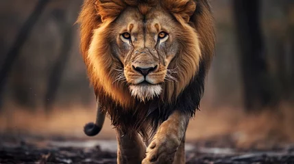 Fotobehang Male lion walking looking straight at the camera, national wildlife day © Cosmic Edge