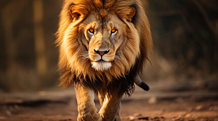 Male lion walking looking straight at the camera, national wildlife day