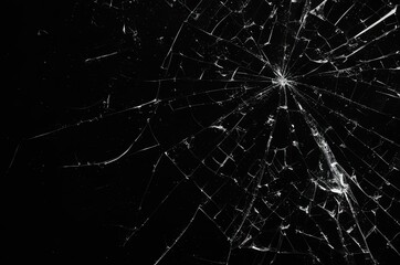 Broken glass on a black background, cracks, shards.