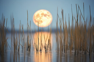 shot of dark silhouettes of lake reeds against a moon. AI generative