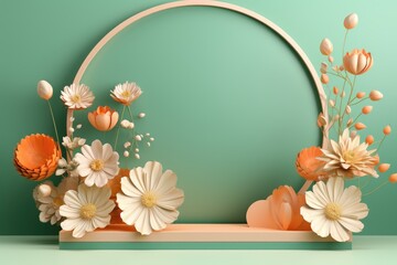 Fototapeta na wymiar Minimalist floral arch on a pastel green and orange stage podium background, suitable for wedding or elegant event invitations.