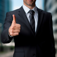 A businessman making a thumbs up gesture, dressed in a black suit.