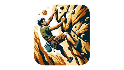 an illustration of a person rock climbing. The climber, equipped with a harness and climbing gear, is dynamically posed against a steep rock face, reaching for a hold. 