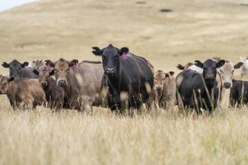 angus, wagyu and murray grey cattle in a paddock on a farm with long dry summer grass on a farm in australia