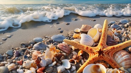 Fototapeta na wymiar Seashells and starfish on the beach. Summer background