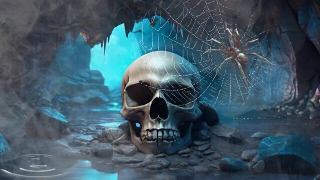 a human skull with a magical feel in the cave. video animation