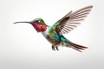 Obraz premium Colorful Hummingbird flying on a white background. Animal side portrait. 