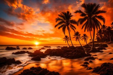 Fototapeta na wymiar Intense orange sunset illuminating a seascape with palm trees