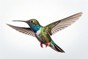 Obraz premium Colorful Hummingbird flying on a white background. Animal side portrait. 