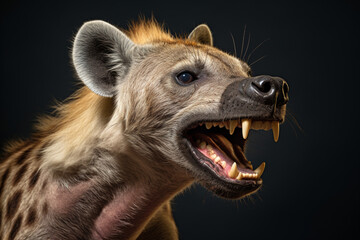 Spotted Hyena growling close-up portrait on a black background.
